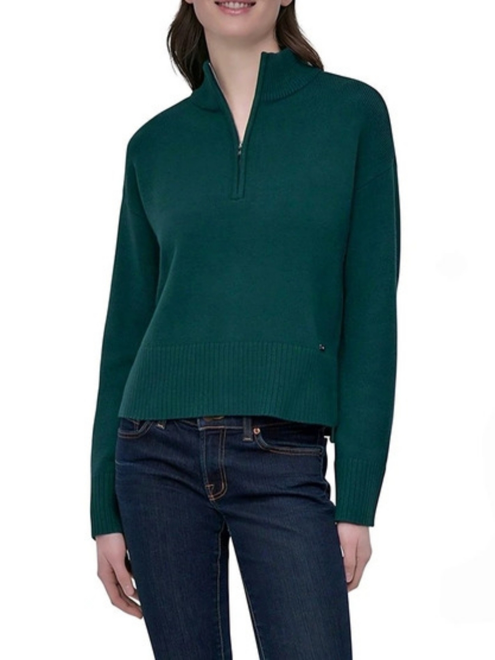 NWT DKNY Ribbed Hem Mock Neck Zip Pullover Sweater in Jewel Tone Green